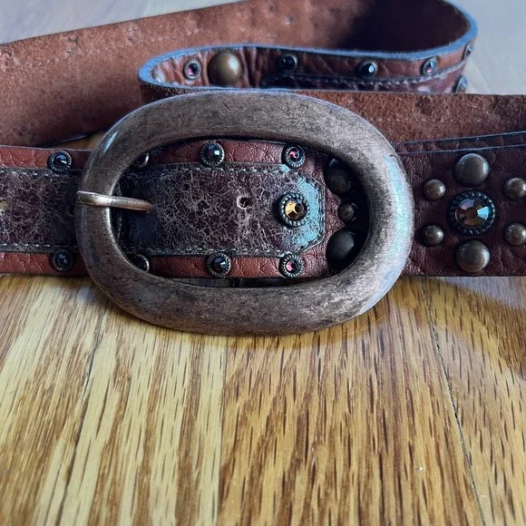 VTG‎ Leatherock USA Brown Leather Studded Rhinestone Belt  display picture 1